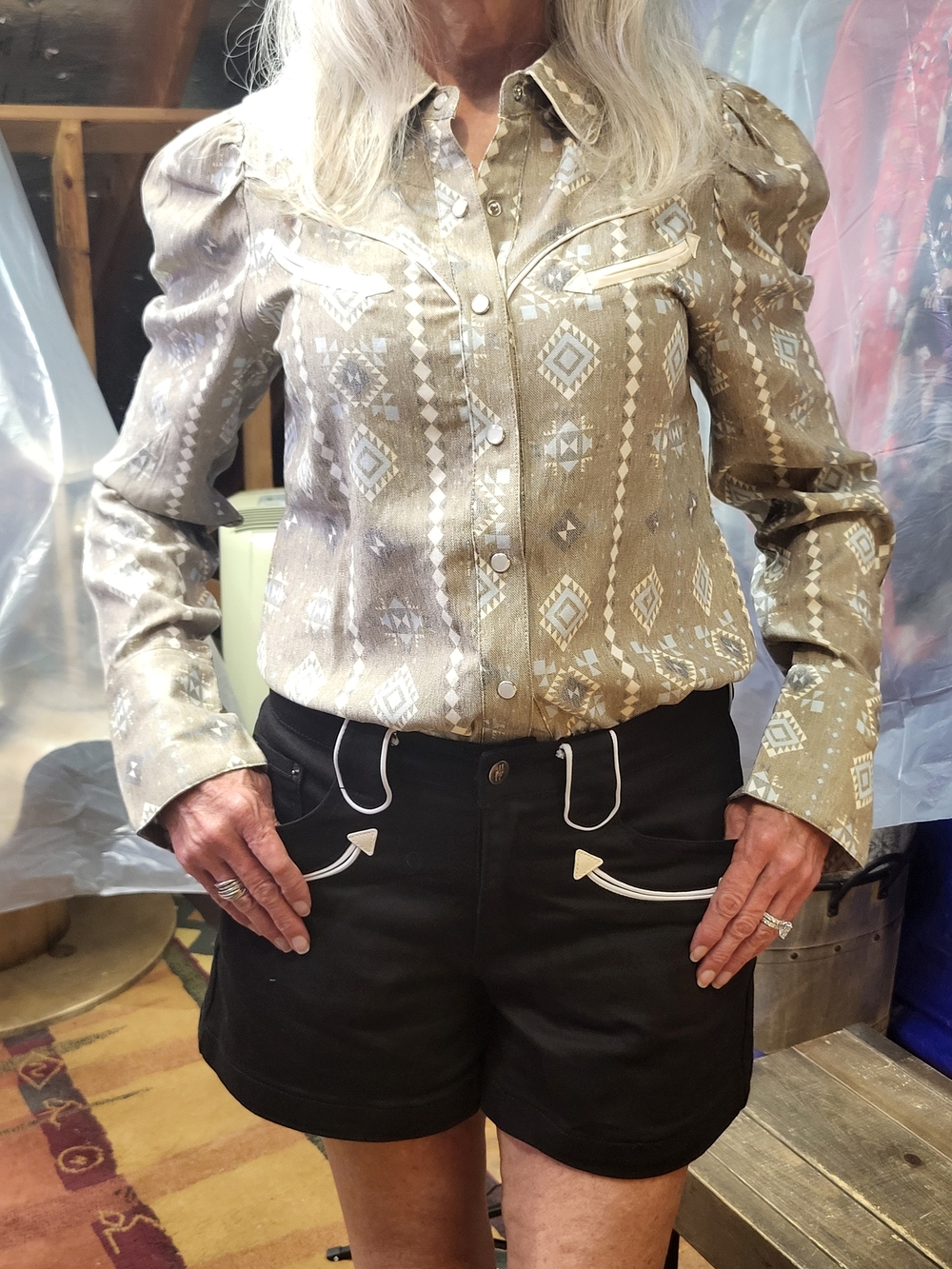 Women's Metallic Taupe Aztec-Print Button Front Blouse